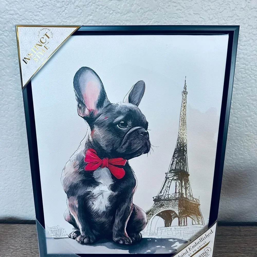 Frenchie Dog Eiffel Tower Hand Embellished Parisian Canvas Wall Art Decor